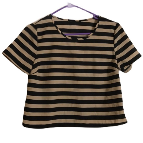 Stripes Crop Tops Tees Black Brown Tan - Picture 2 of 4